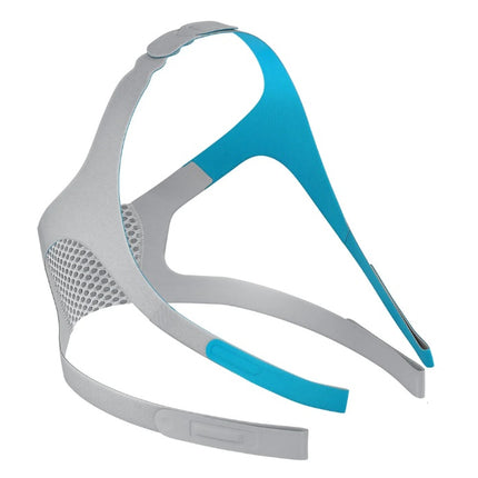 A sleep apnea or CPAP mask headgear strap assembly, featuring a light gray plastic frame with bright blue silicone accents and a breathable mesh panel on the side, shown against a plain white background.