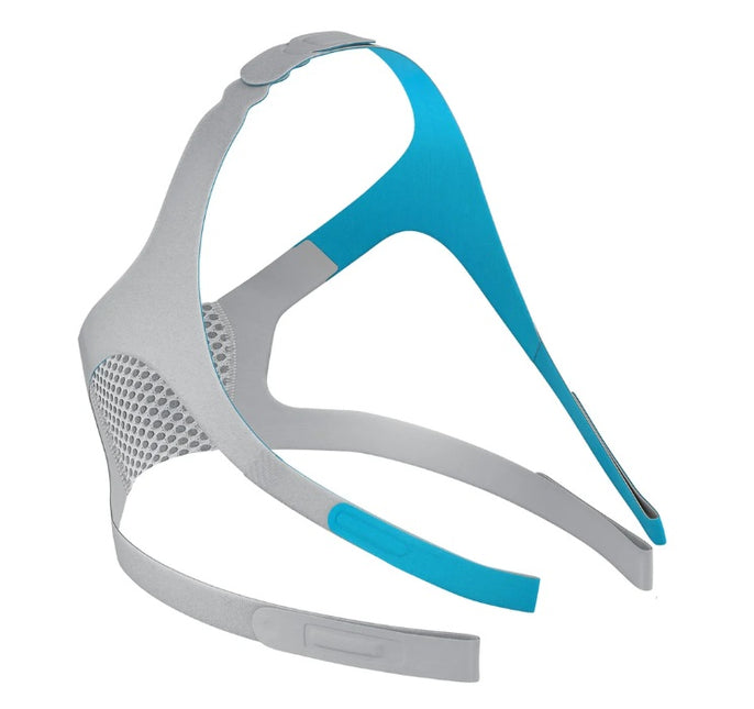 A sleep apnea or CPAP mask headgear strap assembly, featuring a light gray plastic frame with bright blue silicone accents and a breathable mesh panel on the side, shown against a plain white background.